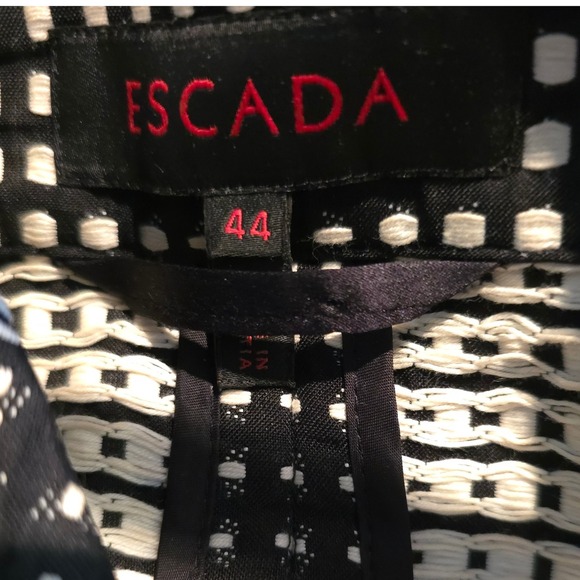 Escada Silk Lapel Boxy Woven Jacket EU 44 US 12 Belt Loops No Belt Black White - Picture 3 of 16